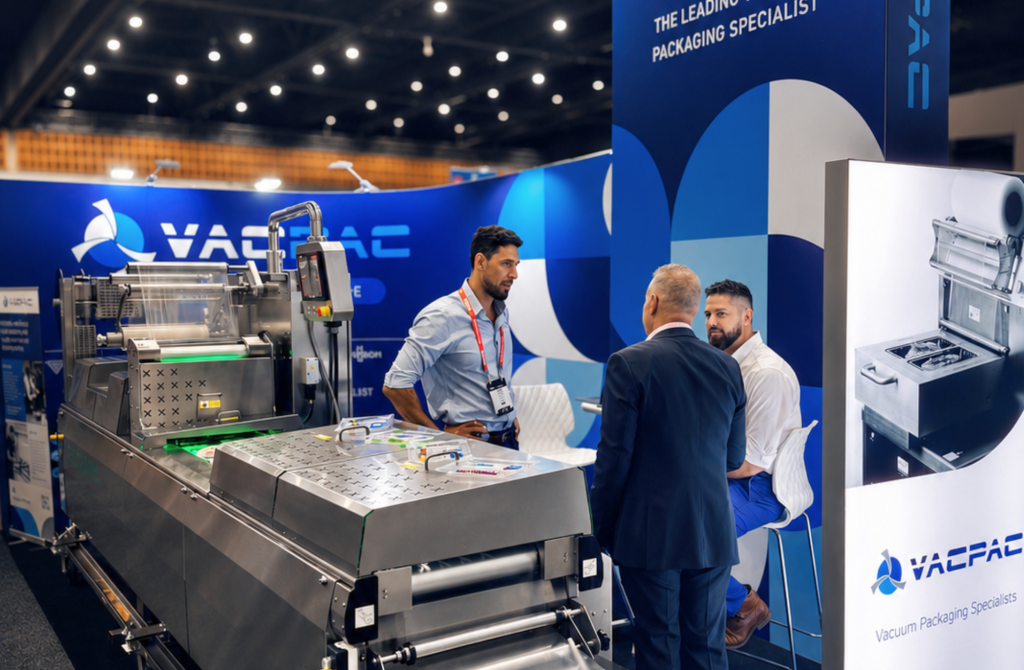 Representatives discuss advanced vacuum packaging solutions at the VACPAC exhibition stand during the FoodPro 2026 trade show.