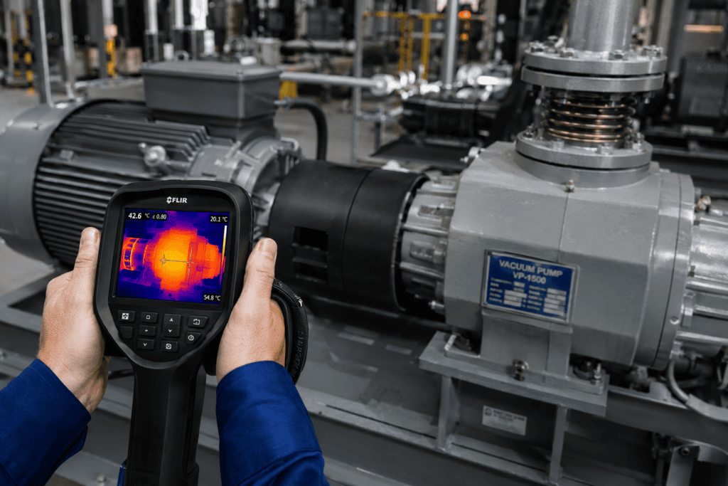 Industrial technician using a digital tablet to inspect processing machinery and vacuum equipment in an Australian manufacturing facility.