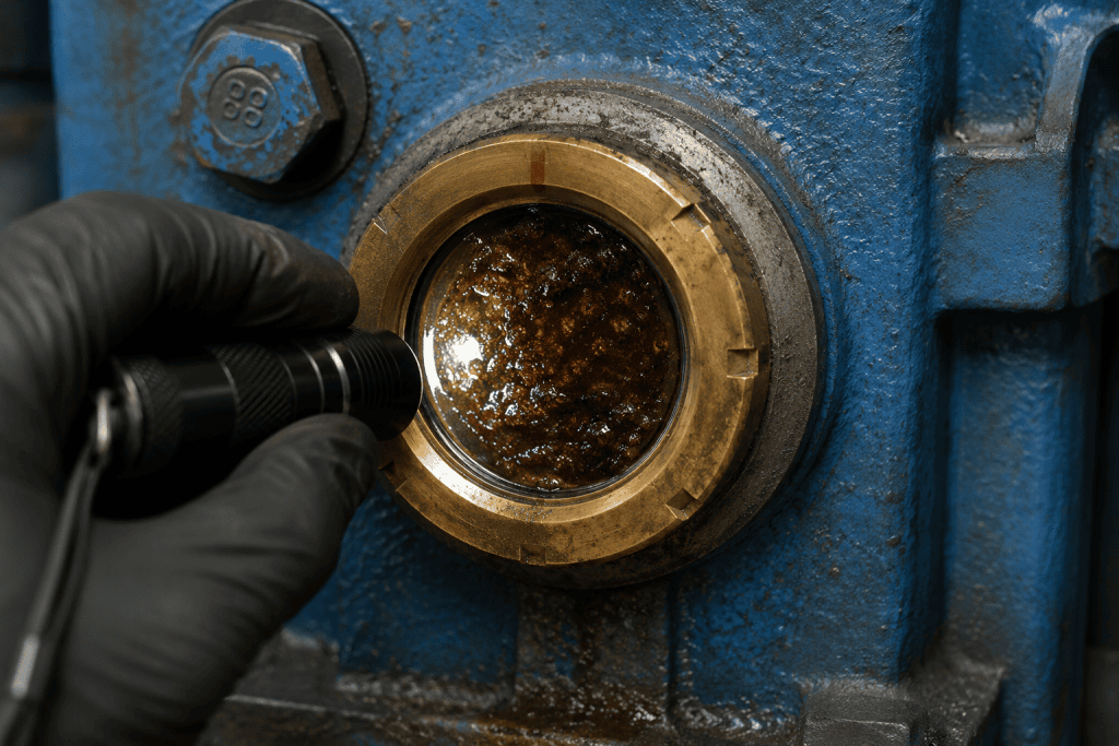 Technician inspecting a vacuum pump sight glass filled with dark, degraded oil sludge causing internal friction